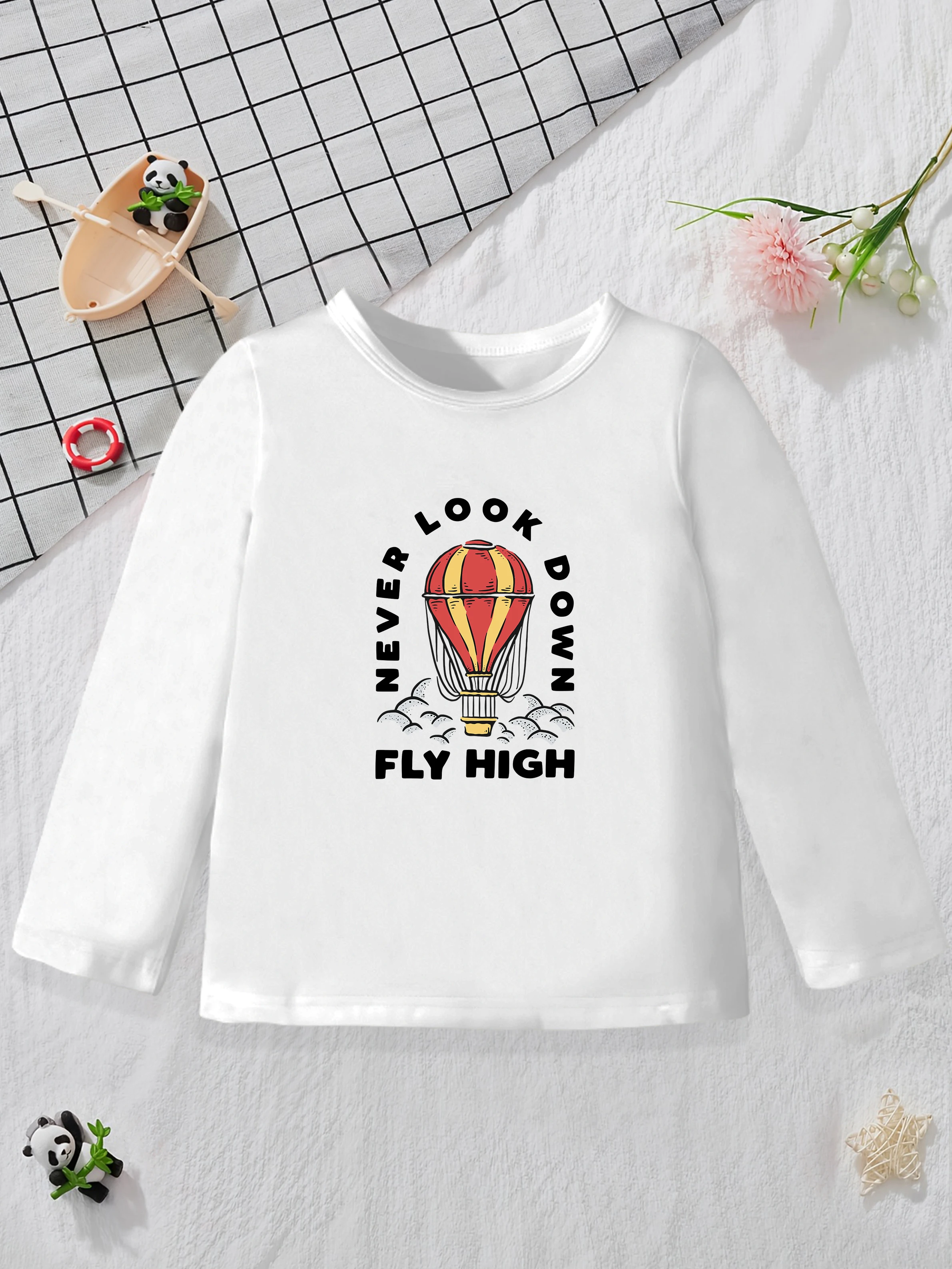 1 pieces: Boys Autumn Casual Base Layer Cartoon Hot Air Balloon & English Pattern