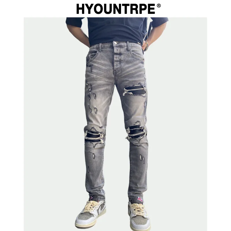 

Knee Holes Patckwork Skinny Denim Jeans Mens Casual Button Fly Slim Biker Trousers Fashion Streetwear Hip Hop Jean Pants Joggers