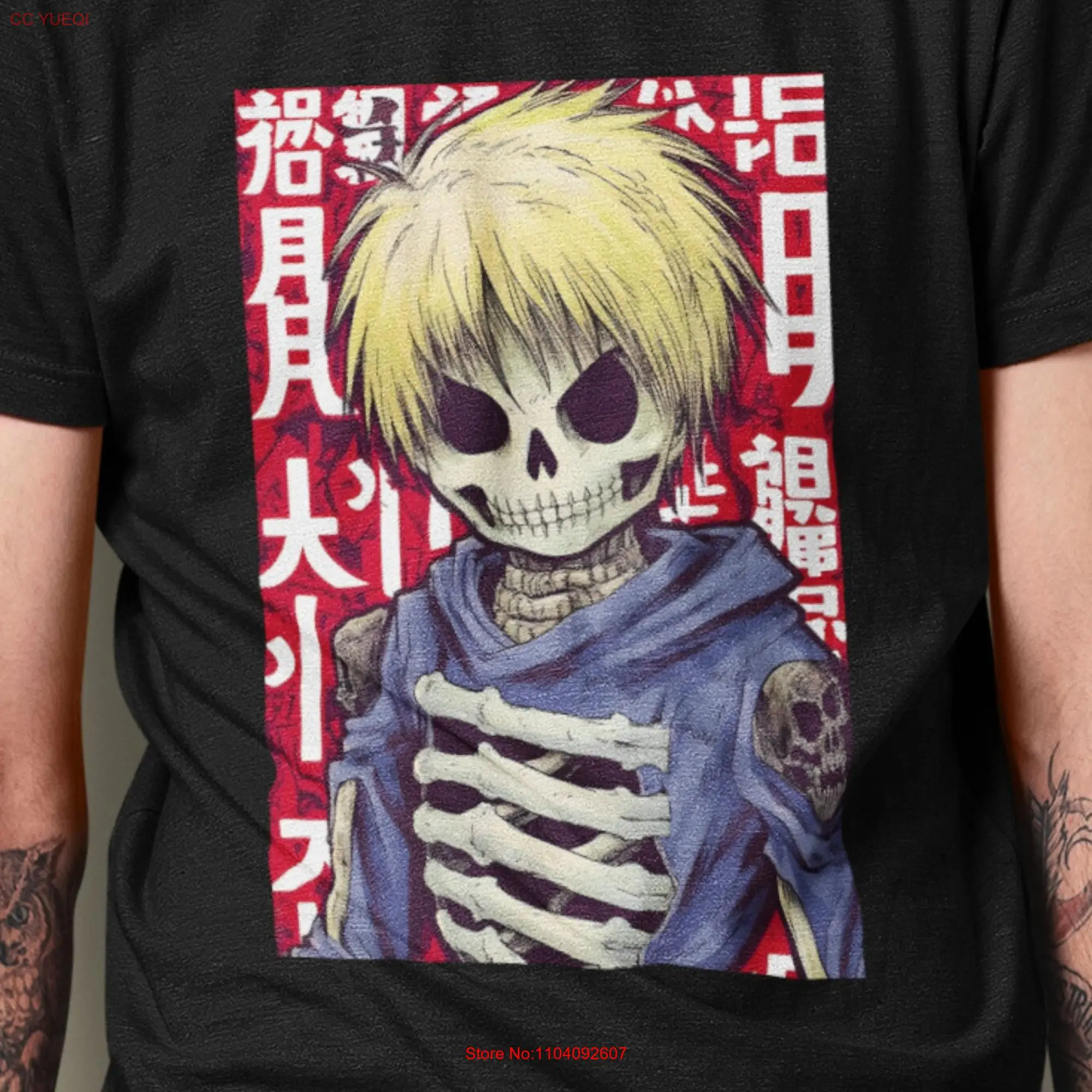 Skeleton boy t shirt Halloween Comic book art tee Manga fashion Kanji calligraphy top Streetwear gift