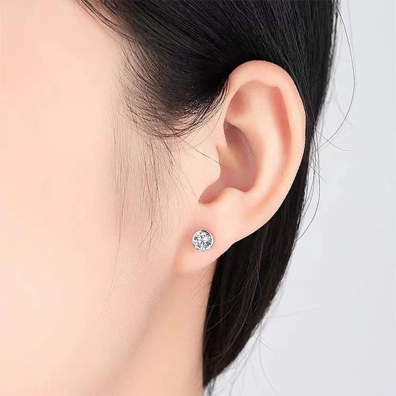 925 Sterling Silver Piercing Earrings for Men Women Fashion Shining 6.5MM Clear Cubic Zrconia Mini Round Stud Earring Jewelry