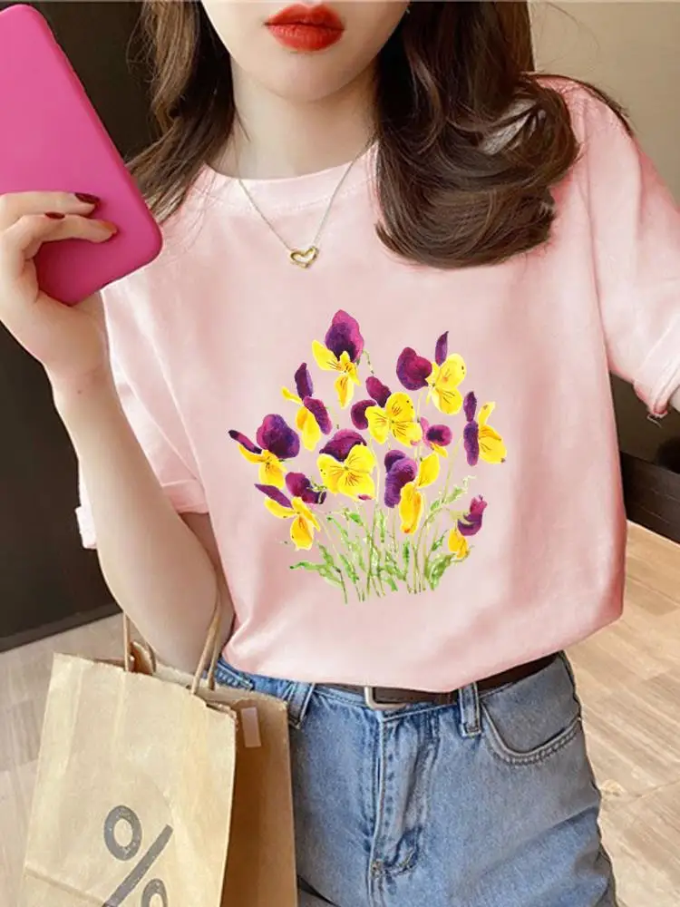 

Tee Top Clothes O-neck Print T Shirt Short Sleeve Lovely Plant Flower Floral Fashion Summer Women Clothing Graphic T-shirt