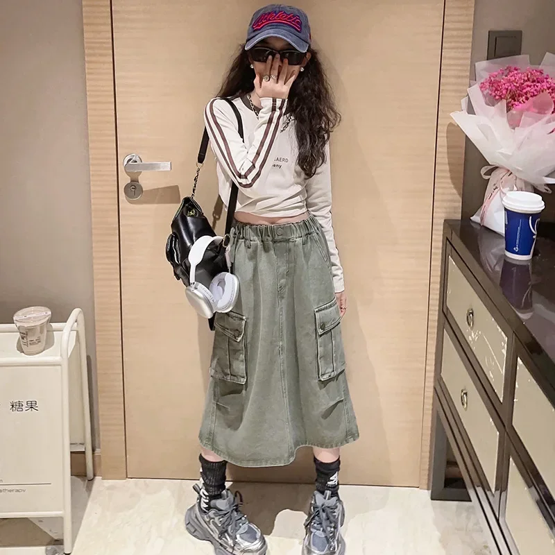 Blue skirt for girls spring 2024 fashion all-match teen kids denim skirt mid-length casual school children costumes 10 12 years