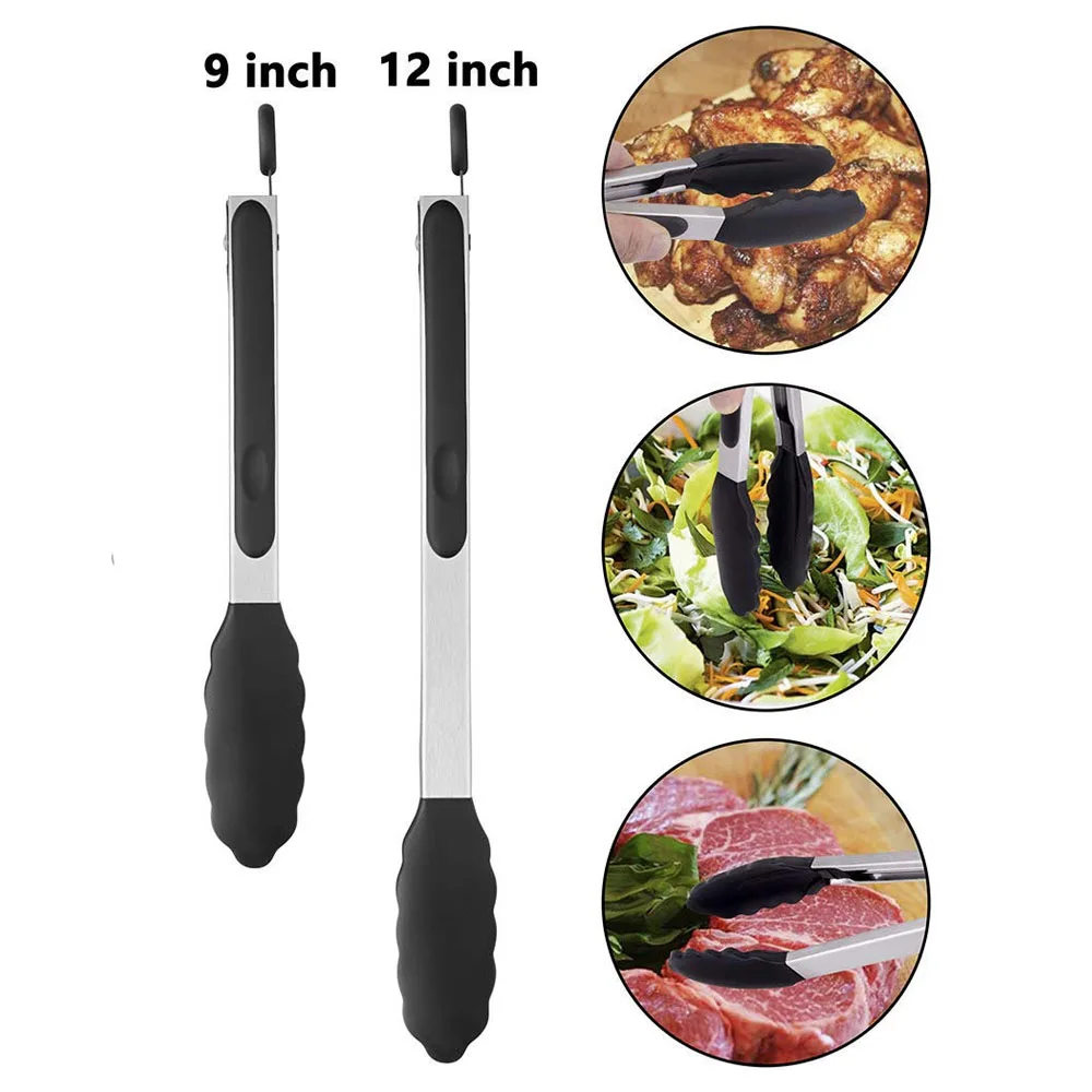 LMETJMA Premium Kitchen Tongs Silicone Cooking Tongs 9 12 inch BPA Free Non-Stick BBQ Cooking Grilling Locking Food Tongs KC0253