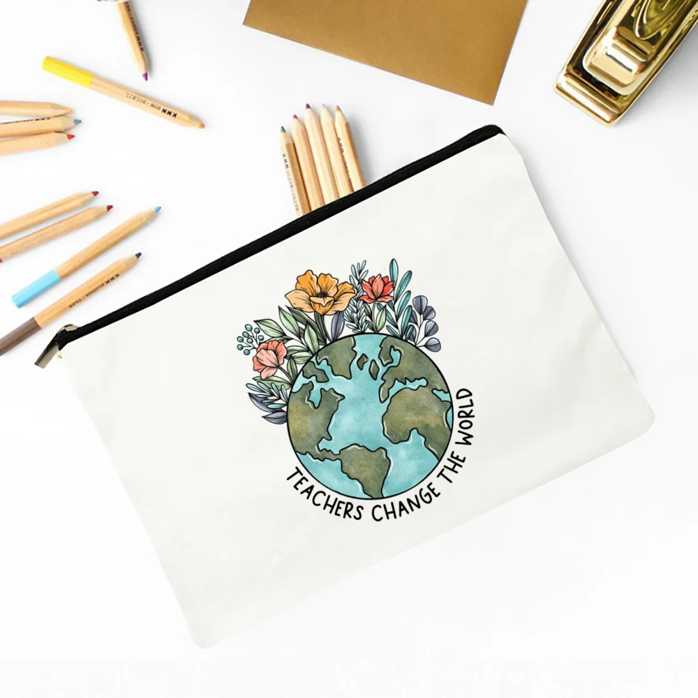 Teacher Change The World Print Cosmetic Bag Supplies Storage Bags Travel Wash Pouch Pencil Case School Stationery  Teacher Gift