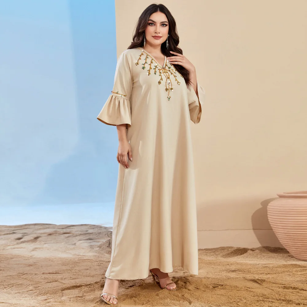 UNI Muslim Woman Dress V-Neck Floral Embroidery Rhinestone Flare Sleeve Elegant Casual Loose Party Robe Dresses for Prom