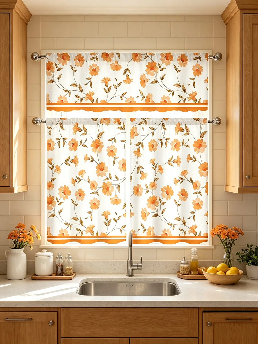 Kitchen Curtain Set, Orange Floral Vine Fall Print, Polyester Window Drapes for Kitchen Cafe Farmhouse Rustic Home Decor