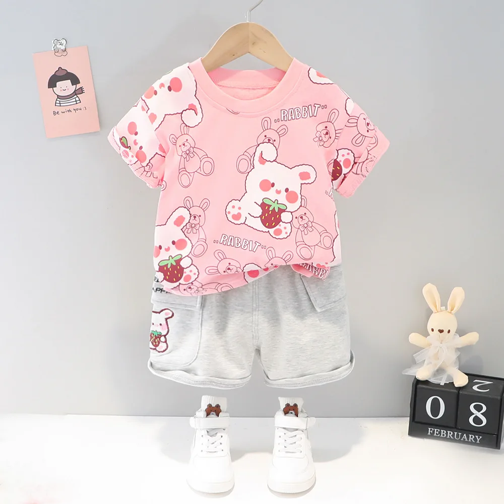 Children's Summer Suit Clothes for Girls 3-4 Years Cartoon O-neck Short Sleeve T-shirts Tops and Shorts 2PCS Toddler Boys Outfit