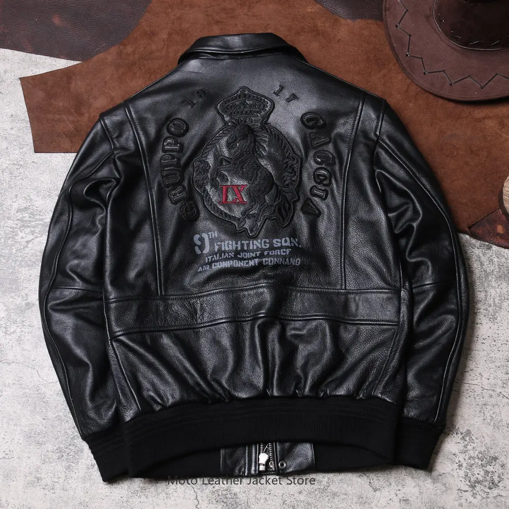 Men's Short Lapel Genuine Leather Jacket, Embroidered Biker Baseball Coat, A2 Flight Top Grain Pure Cowhide Outerwear