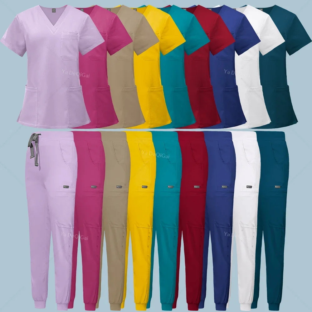 High-End-Elastizität medizinische Uniform klinische Peeling-Set Krankenhaus OP-Kleider Kurzarm Top Pocket Hose Pflege zubehör