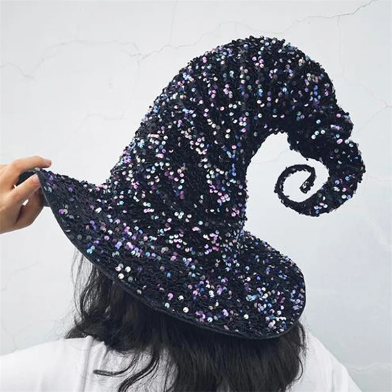 Halloween Witch Hats Men Women Sparkle Sequins Wide Brim Pointed Cap Masquerade Cosplay Party Wizard Hats Costume Accessory