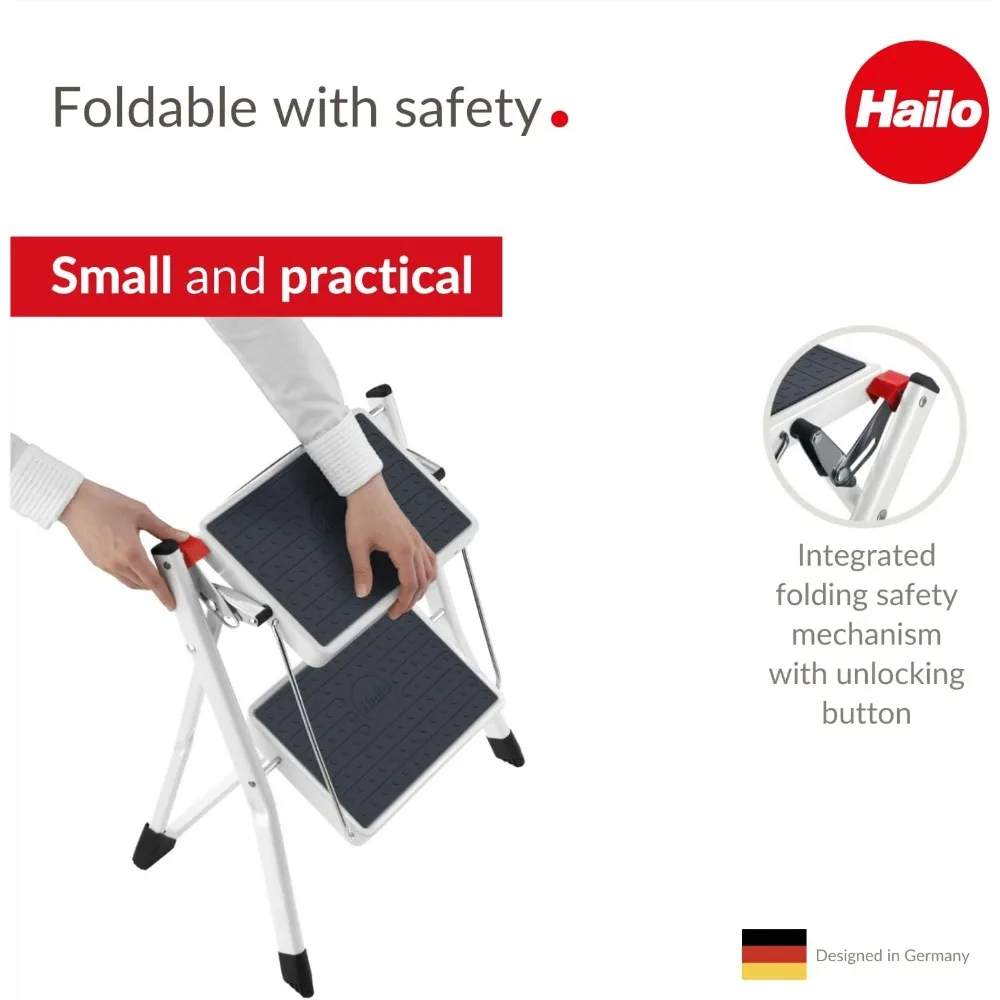 mini banco compacto de aço com degraus antiderrapantes, capacidade de peso de 330 libras, botão de segurança e alça portátil para fácil armazenamento