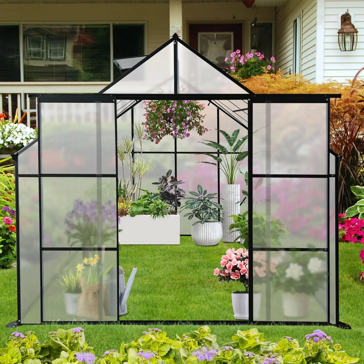 8X6 Ft Heavy Duty Greenhouse, Polycarbonate Aluminum Green House Kits To Build With Adjustable Roof Vent For Outdoor, Hothouse