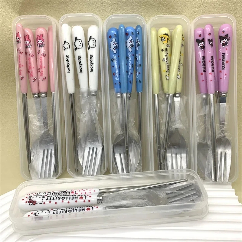 Kawaii Sanrio Hello Kitty Cinnamoroll Stainless Steel Cutlery Set Anime Kuromi My Melody Fork Spoon Chopsticks Three-piece Set