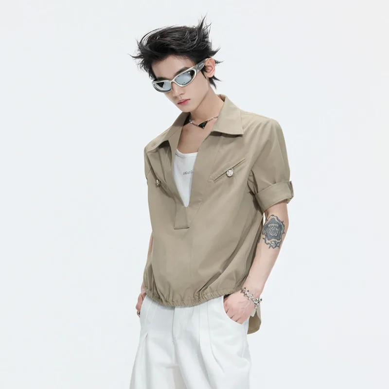 LUZHEN 2026 Summer New V-neck Buttoned Pockets Decorate Short Sleeve Shirts Pullover Men's Fashion Solid Color Male Tops JY6899