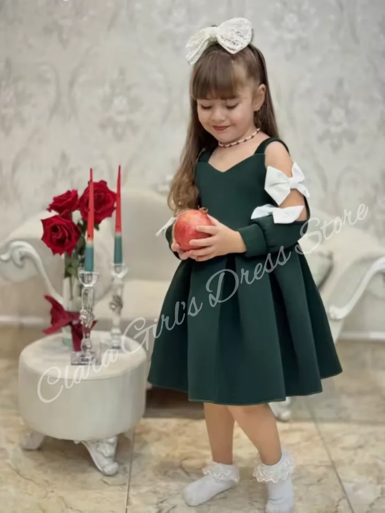 

Velvet Birthday Party Dress Spaghetti Straps A Line Girl Flowers Dress Elegant Bow Kid Gown Customized