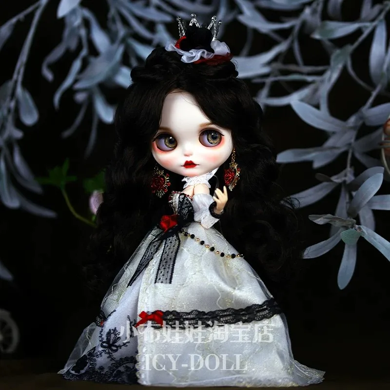 1/6 Blythe Doll Clothes Accessories Luxurious One-Shoulder Rose Evening Gown+Earrings+Crown Set For ICY DBS Blythe OB24 Azone