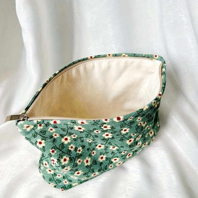 Sweet Corduroy Toiletry Bag, Green Small White Flower Cosmetic Bag, Makeup Tool Storage Bag, Clutch Bag, Girlfriend Gift