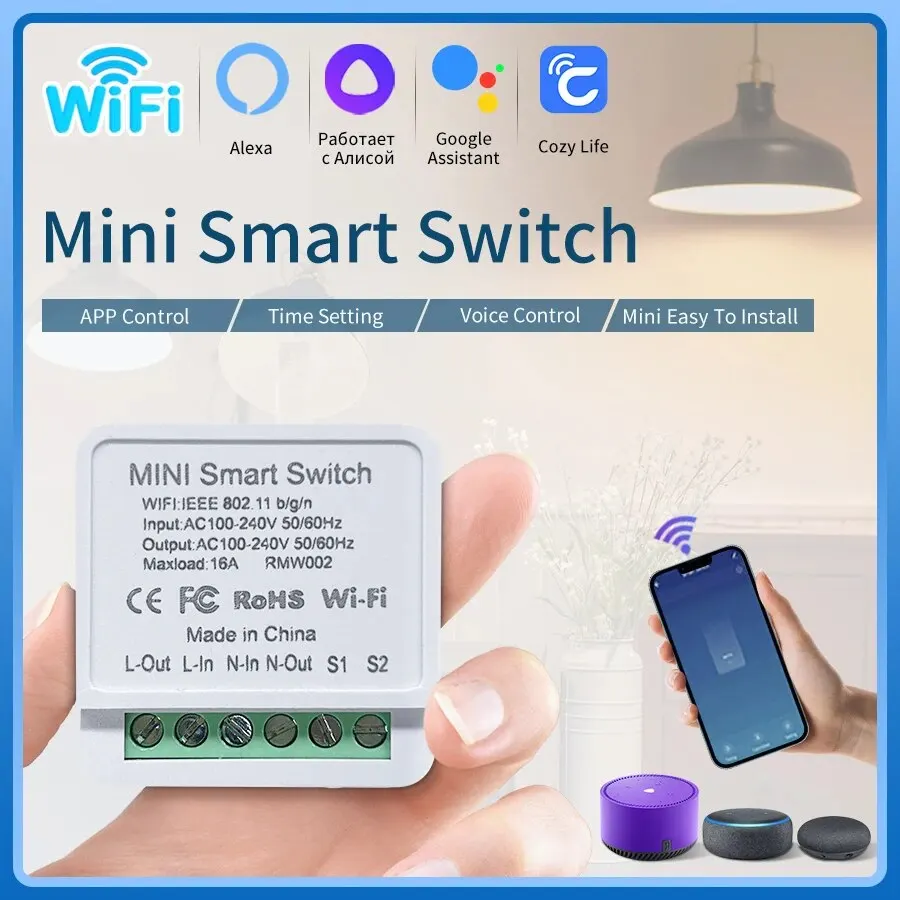 16A /20A Mini Wifi Smart Switch DIY Light Switch 2 Way Control Automation Module Cozylife App Remote Control Alexa Google Home