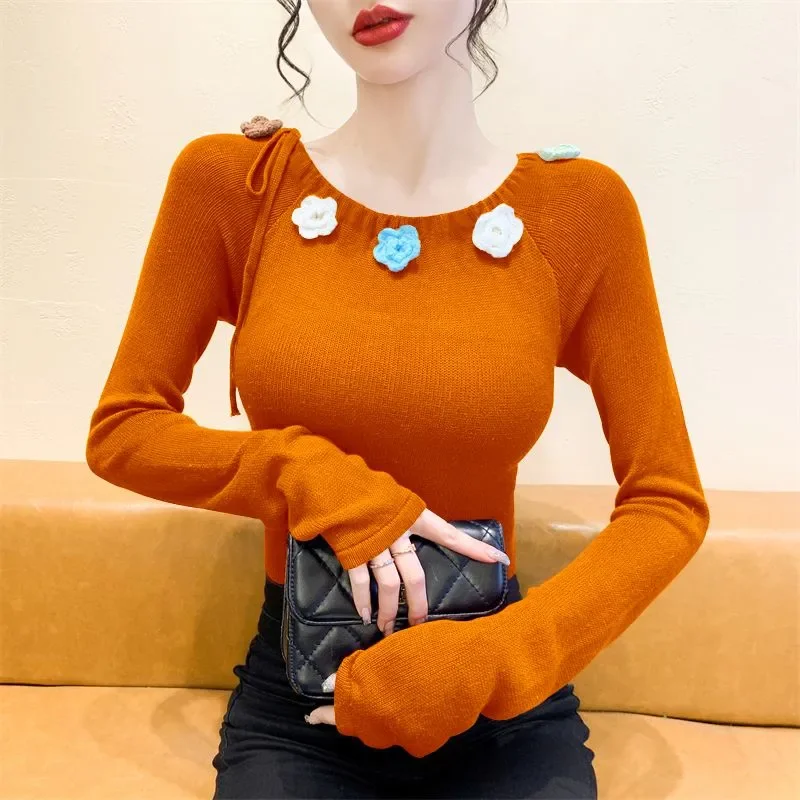 Rose Purple Round Neck Long Sleeve Sweater Top for Women's Autumn New Drawstring Flower Niche Slim Sweater