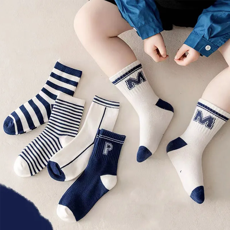

5Pairs Autumn Children Kint Socks Odor Resistant Boy Cotton Sport Sock Fashion Letter Kids Mid Tube Socks Baby Footwear 0-14year