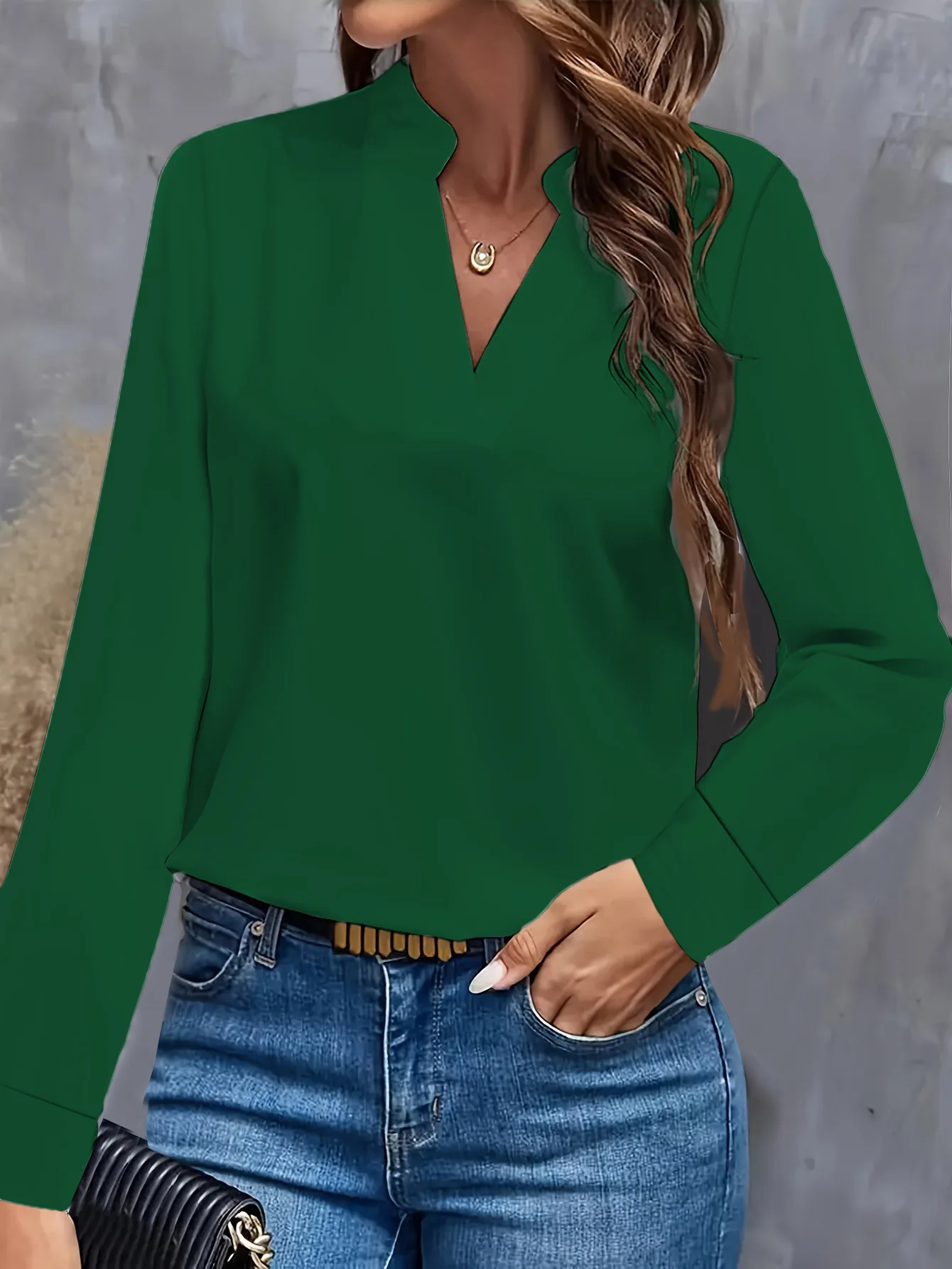 

Women's Light Long Sleeve V-Neck Blouse - Solid Color Casual Office Button Down Shirt Top