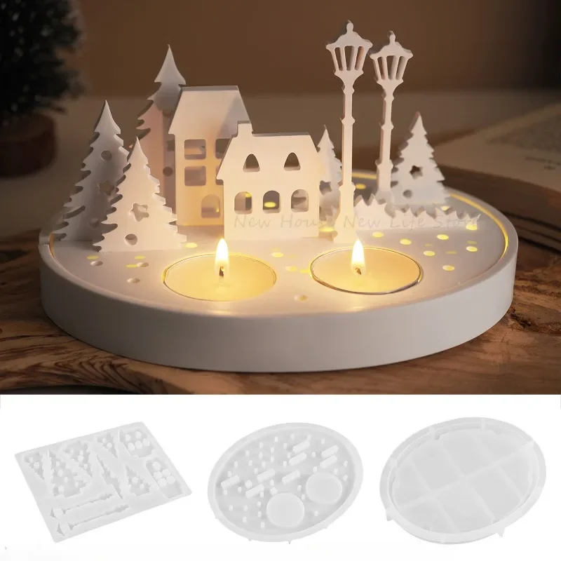 DIY Hollow House Design Tealight Candle Holder Silicone Mold Street Lamp Tree Ornaments Gypsum Poring Resin Mold Home Decor