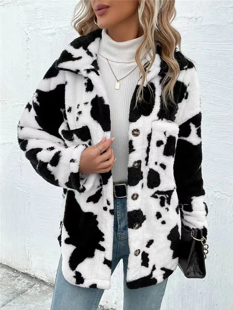 

Women Winter Sherpa Fleece Sweater Cow Print Fluffy Cardigan Big Pockets Chic Streetwear Faux Fur Fleece Coat