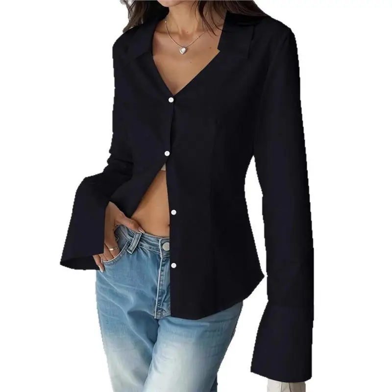 Slim Fit Bell Sve irt Women's Waist Cinching Layering V Ne Slimming ort Sve Long Sve Women's Top French Sle