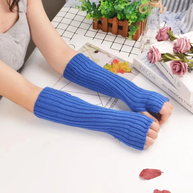 30cm Fingerless Gloves Women Winter Warm Arm Sleeve Knitted Arm Warmer Fine Mitten Casual Soft Goth Clothes Punk Gothic Gloves