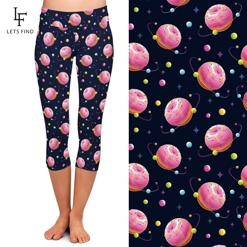 LETSFIND Legging Kapri Cetakan Donat Pinggang Tinggi Fashion Wanita Baru Musim Panas Celana Hitam Kasual Mid Calf Elastis Tinggi