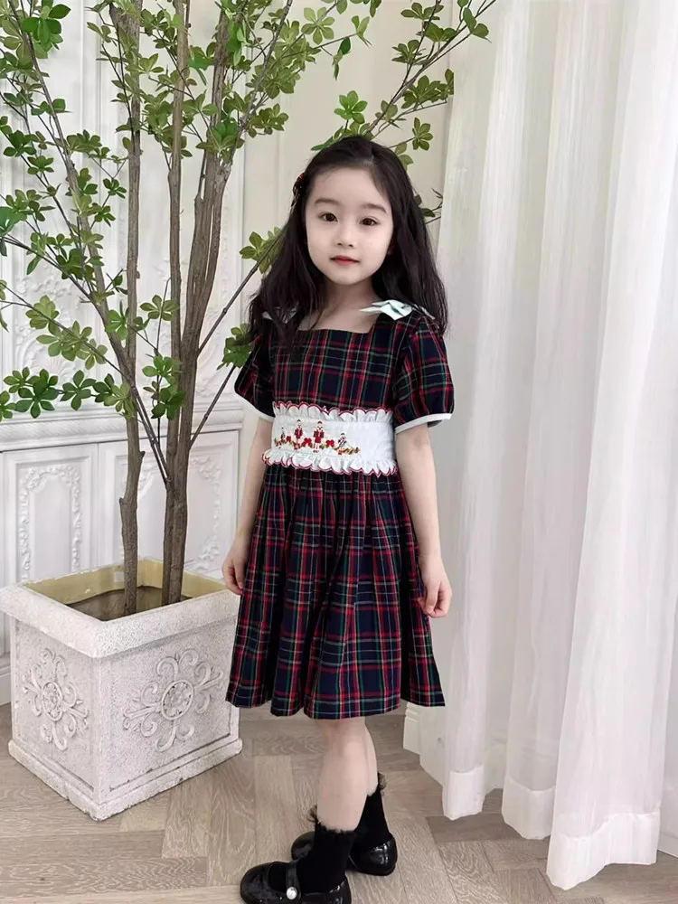 2024 Retro Plaid Girl Dress Square Neck Bow Girls Elegant Dresses Embroidered Lace up Cute Clothing Baby New A-line Vestidos