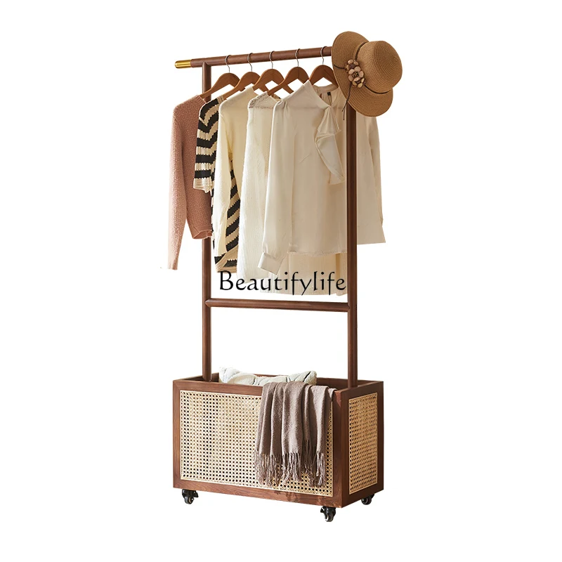 

Nordic Solid Wood Coat and Hat Rack Small Apartment Bedroom Multi-Functional Rattan Clothes Rack