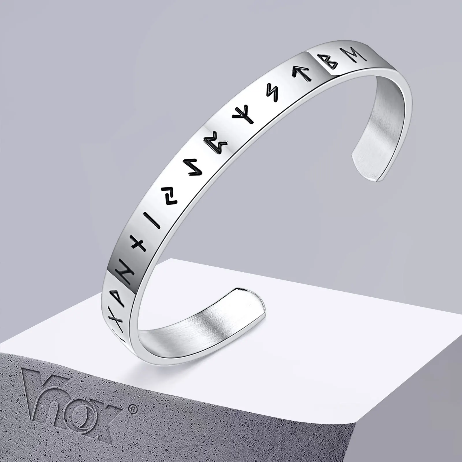 Vnox pulseiras viking de 8mm para homens, pulseira de punho com amuleto de letras runas viking nórdicas, pulseira vintage punk rock para meninos, presente de dia dos pais