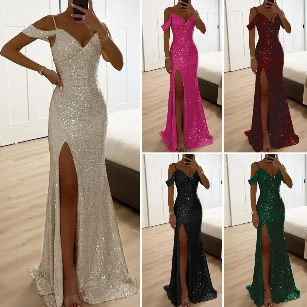 Vestido largo con hombros descubiertos, elegante vestido de baile con lentejuelas para fiesta de graduación, boda, hombros descubiertos, cuello en V, vestido largo con abertura lateral