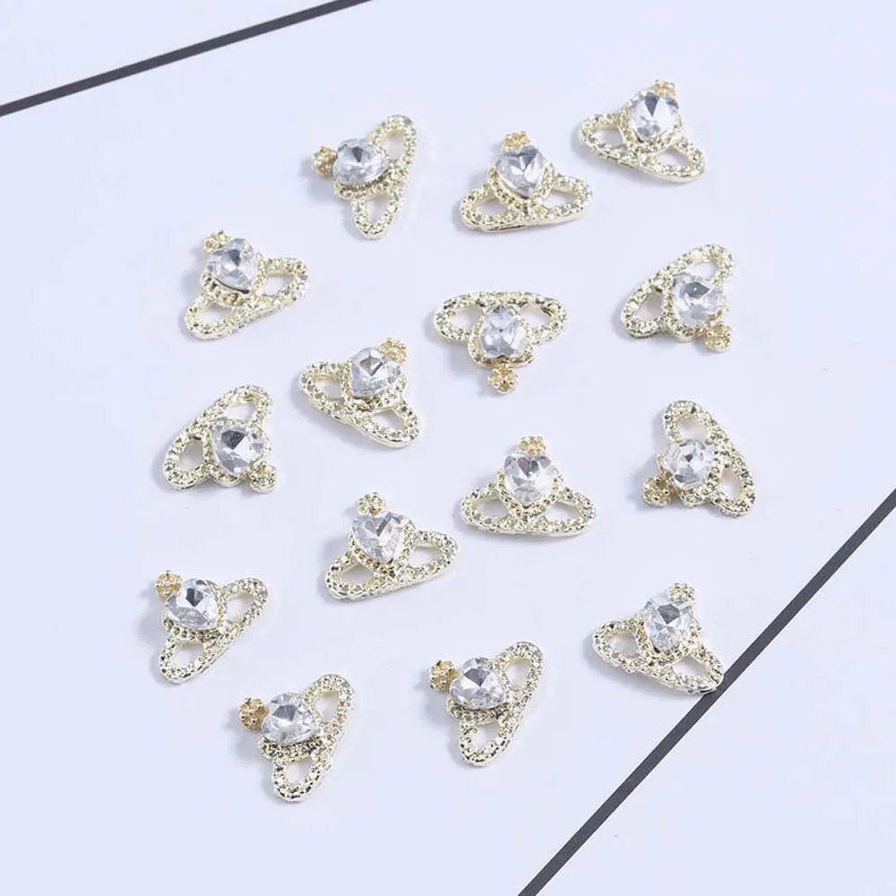 10pcs Sparkle Heart Planet Nail Art Charm 3D Shiny Alloy Metal Heart Crystal Planet Nail Decoration DIY Luxury Nail Accessories