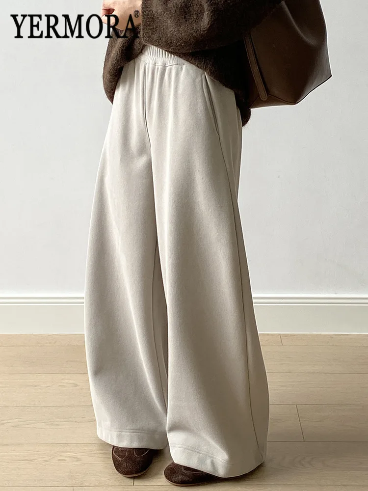

YERMORA High Elastic Waist Beige Pocket Thick Brief Wide Leg Pants For Women Loose New Trousers Fashion Tide Autumn Winter 2025