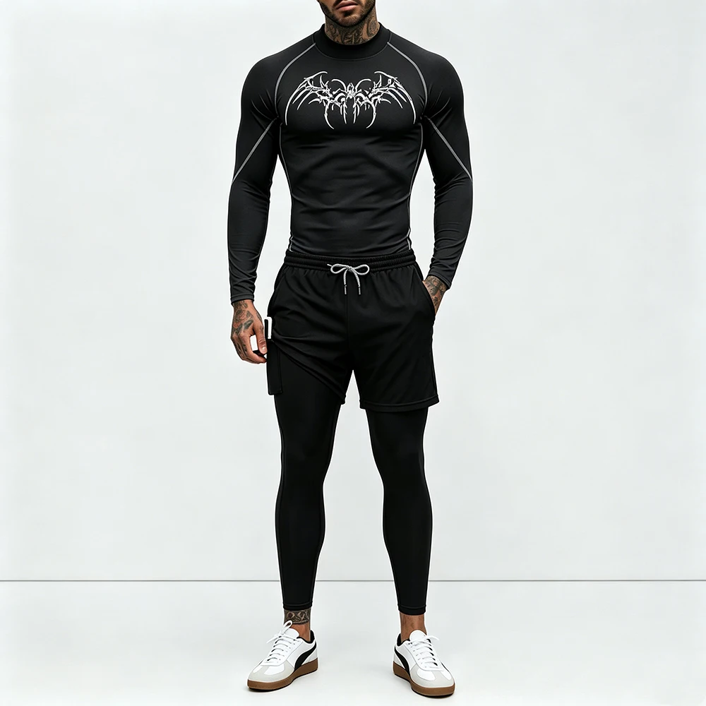 Mens Mock Neck Compression Long Sleeve Shirt Double Layer Trousers Set With Side Pocket With Side Pocket Fitness Training Suit