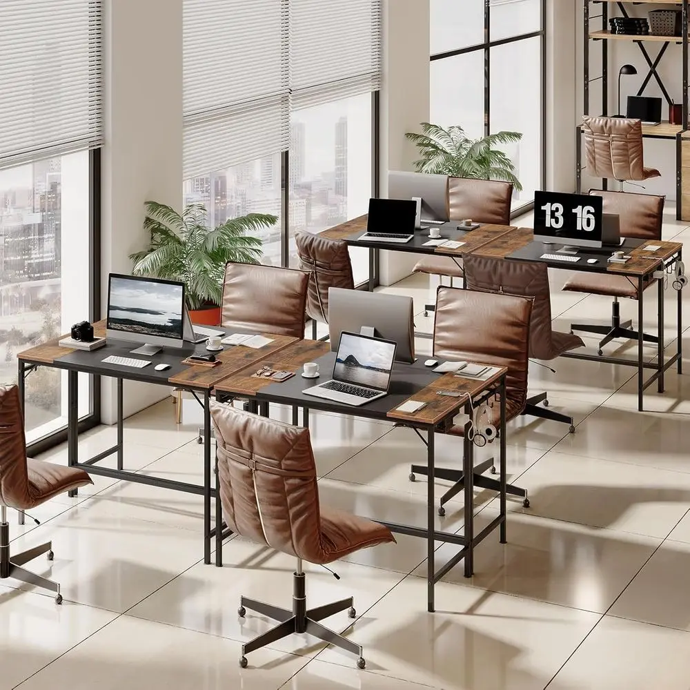 Modern Rustic Brown & Black Home Office Desk with Power Outlet and 3 Hooks for Easy Assembly