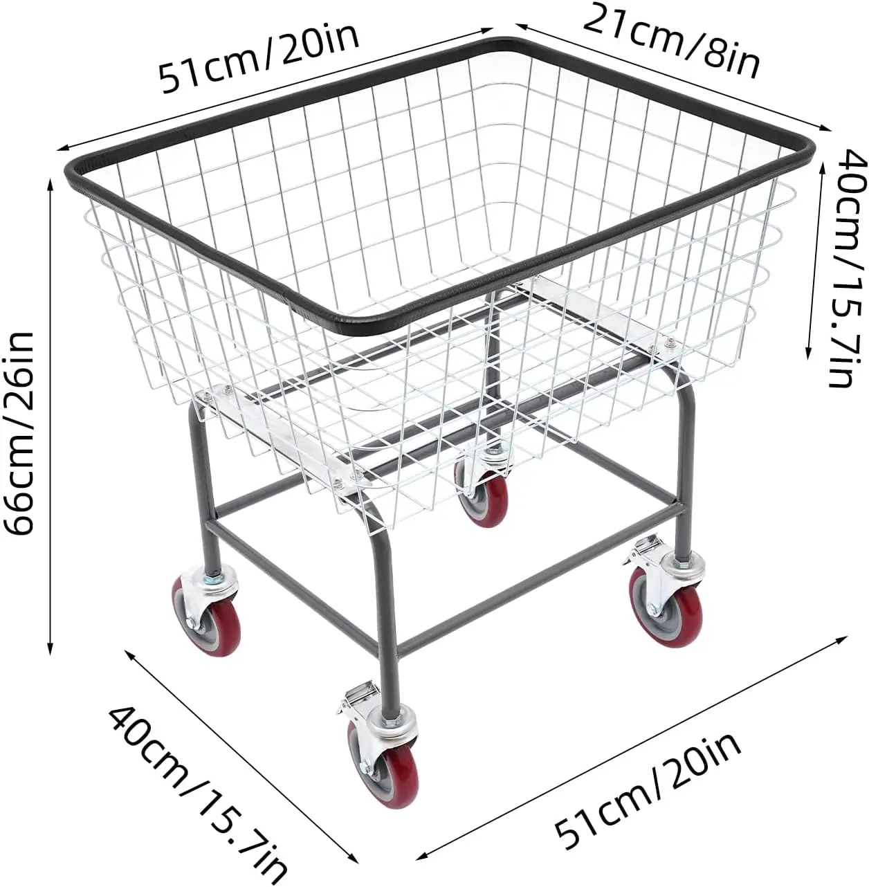 Steel Wire Laundry Cart, Wire Laundry Basket Cart with 4 Casters, Heavy Duty Commercial Rolling Laundry Basket for Clothes Storage, 20 x 15.7 x 26 in