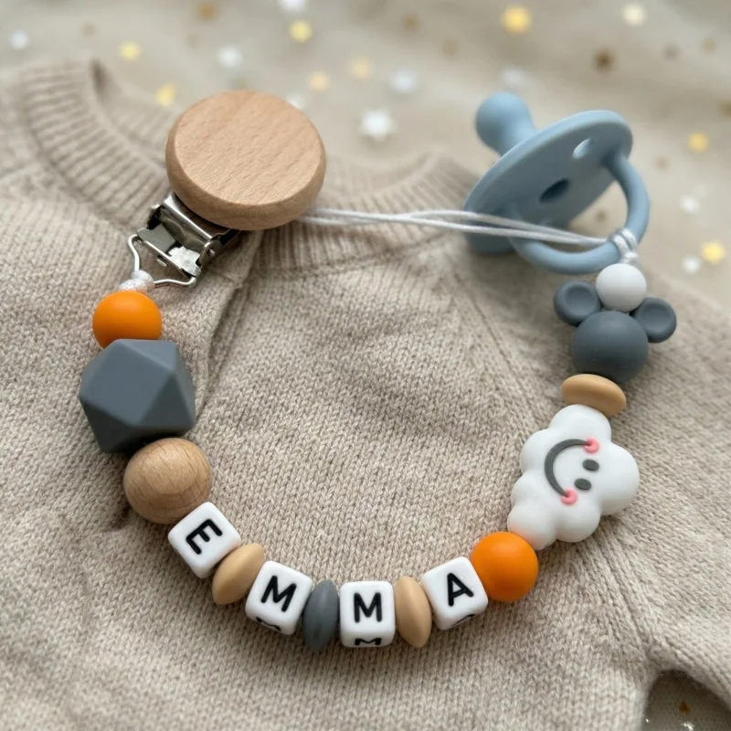 Personalized Baby Pacifier Clip with Custom Name - Silicone & Wood Beads - Newborn Baby Shower Gift image 6