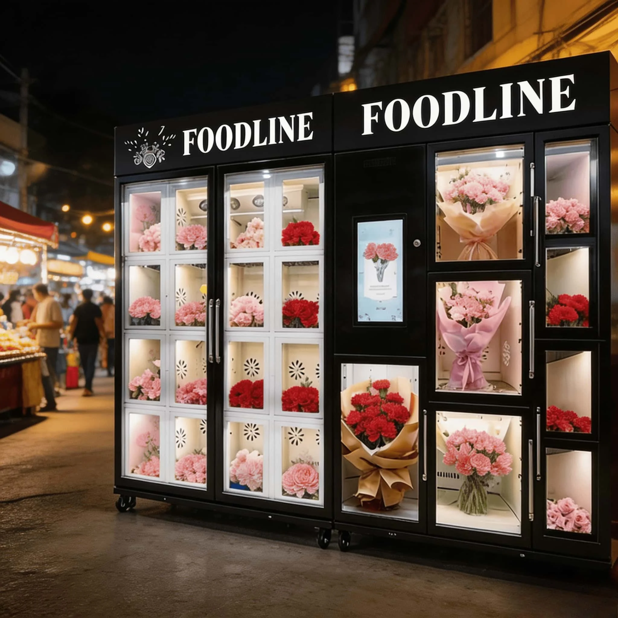 FOODLINE Luxury Plaza Flower Vending Machine Anti-Fog Glass Door Smart Payment Fresh Rose Bouquet Vending Cabinet