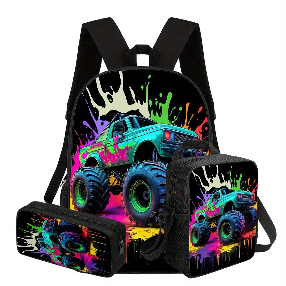 Bold Truck Graffiti 3pcs Backpack Set 17 Inch Stylish Bookpack Lunch Bag Pencil Case for Gifting on Christmas Holiday Trips