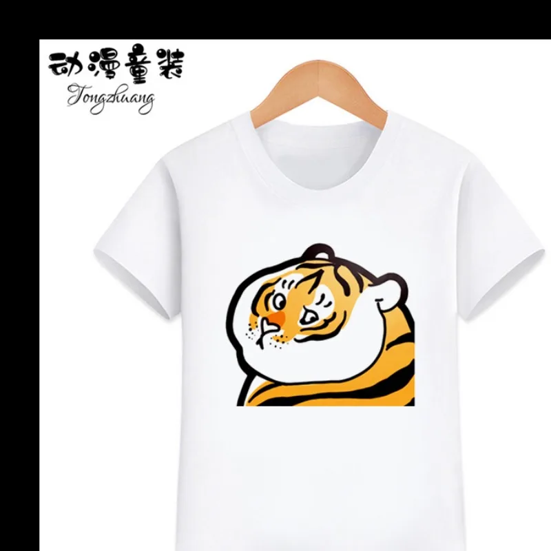 Camiseta de manga curta para meninos e meninas, camiseta de tigre de meia manga solta infantil, moda pequena e grande, nova