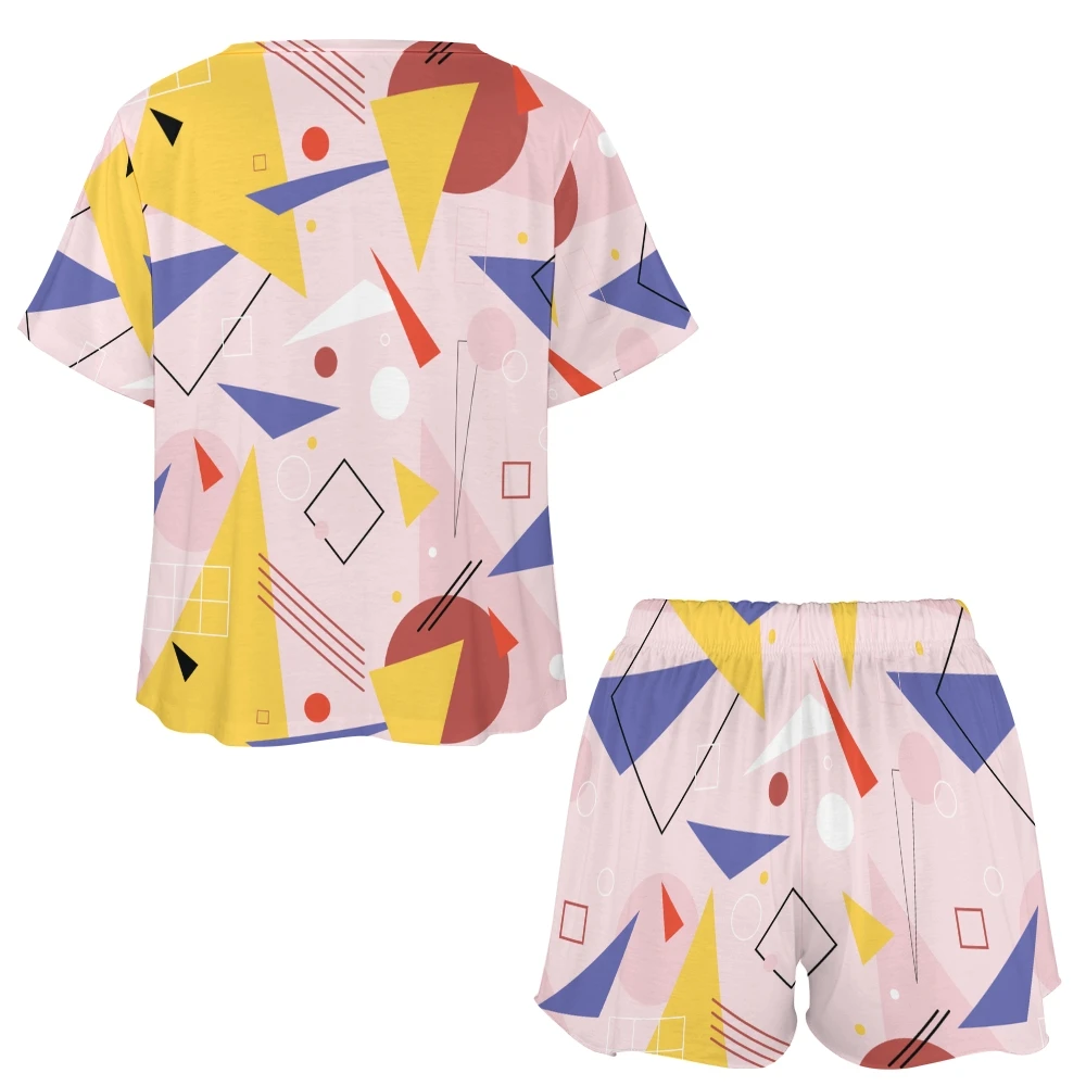 Conjunto de ropa de dormir con botones para mujer, conjunto de 2 piezas de manga corta con formas geométricas abstractas, traje de casa de verano