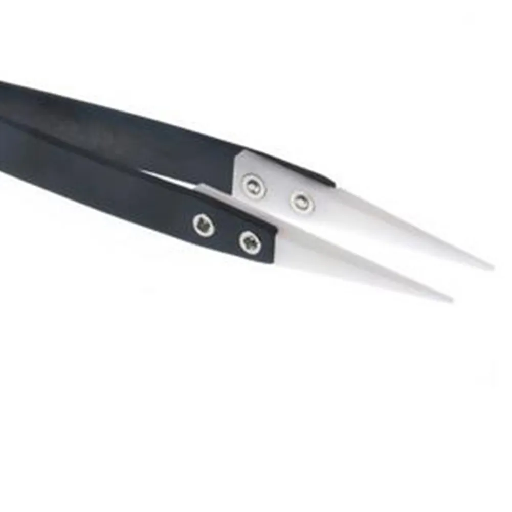 1 Pair Of White Ceramic Tweezers For Industry Straight Elbow Insulated Antistatic Ceramic Tweezers Handle Tools Parts