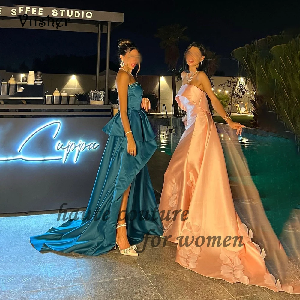 

Arabian Dubai Mermaid Evening Dresses Pleats Satin Strapless Formal Prom Dress with Train Long Evening Party Gowns