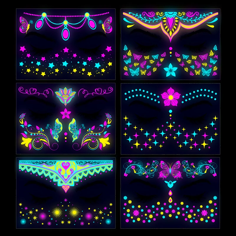 8Pcs/set Fluorescence Temporary Tattoo Sticker Glowing Face Stickers Cosplay Party Music Festival Adult Body Stickers