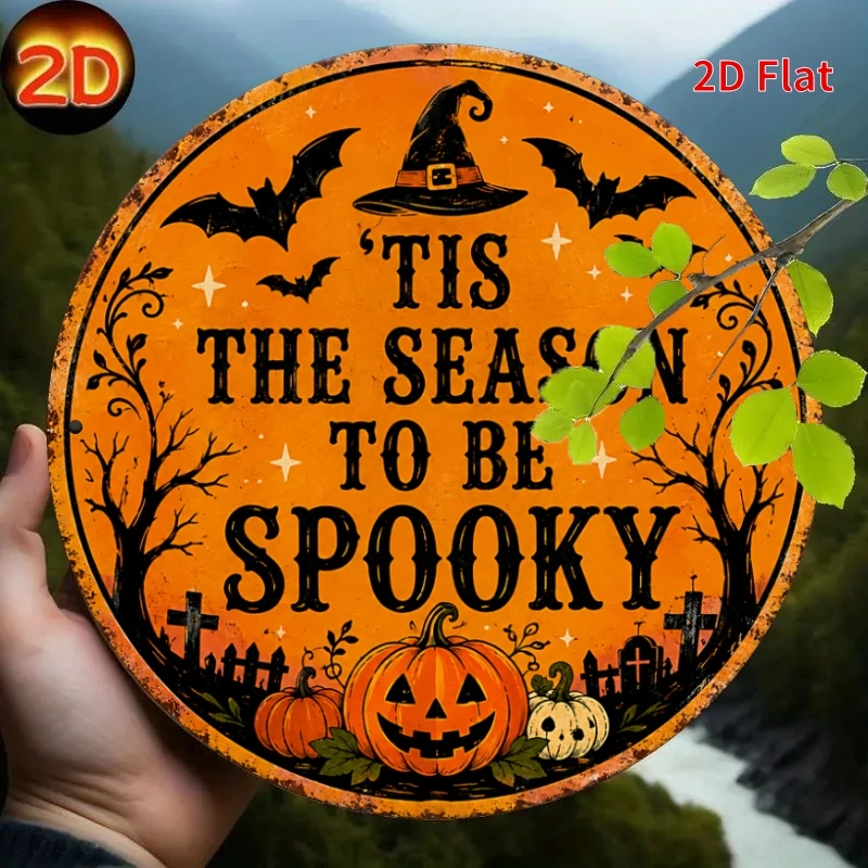 2D Flat, Decorative Sign 2D Flat, [2Dflat], 1pc 20x20cm- Metal Aluminum Tin Plaque, Tis The Season to Be Spooky Decorative Signs