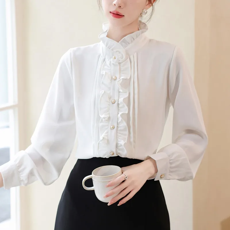 

Casual Women's Blouses Chiffon Solid Vintage Shirts Fashion Loose O-Neck Spring/Summer Clothing Long Sleeve Ruffles Women Tops