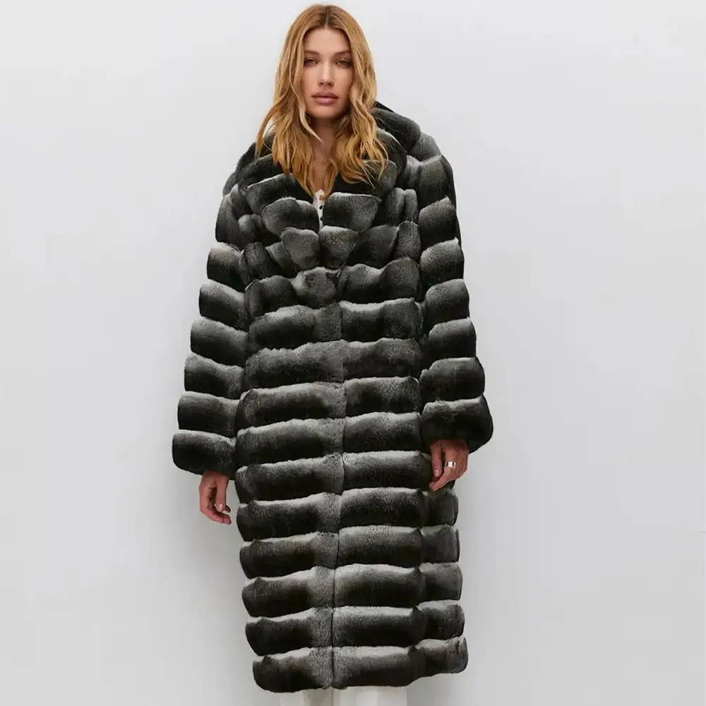 Winter Luxus Chinchilla Langen Mantel Frauen Echt Rex Kaninchen Fell Mantel Mode Elegante Echte Natürliche Pelz Dicke Oberbekleidung